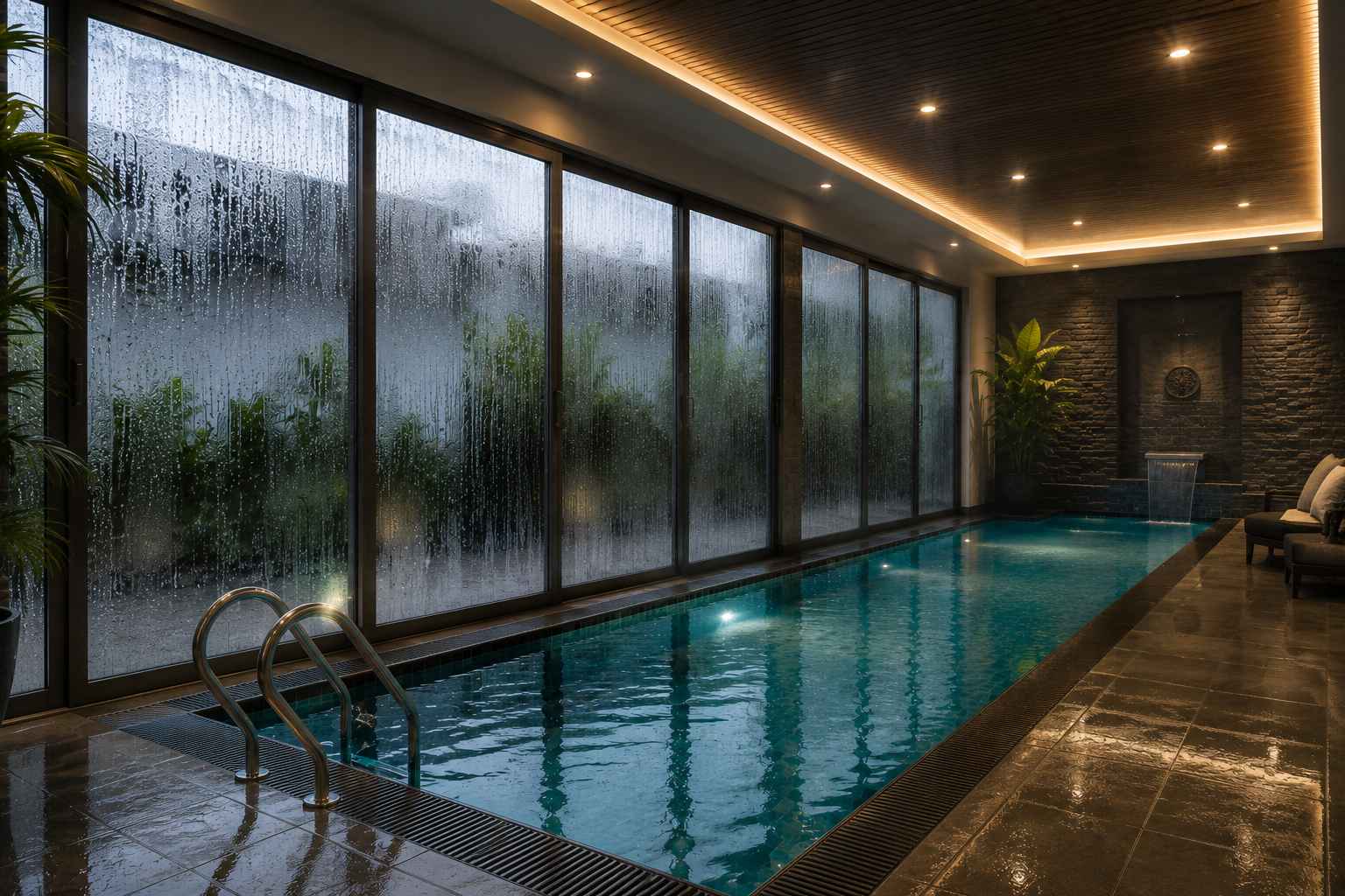 kính bể bơi trong nhà ngưng tụ hơi nước khi trời nồm