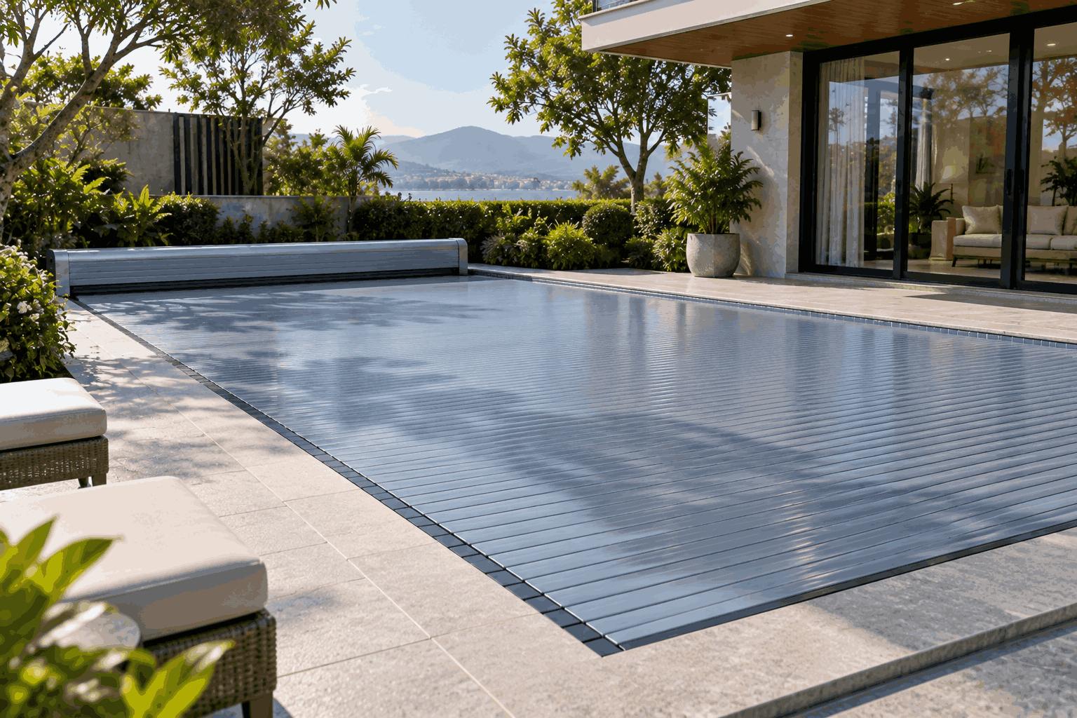 Bể villa ít sử dụng được che bằng tấm phủ