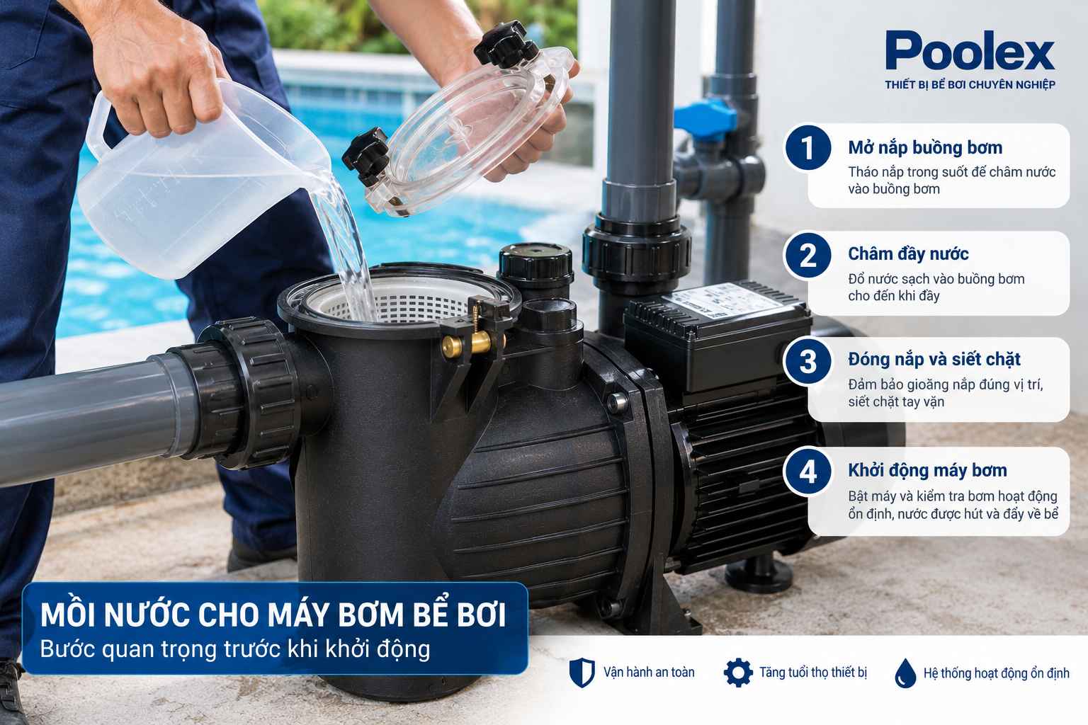 mồi nước cho máy bơm bể bơi trước khi khởi động