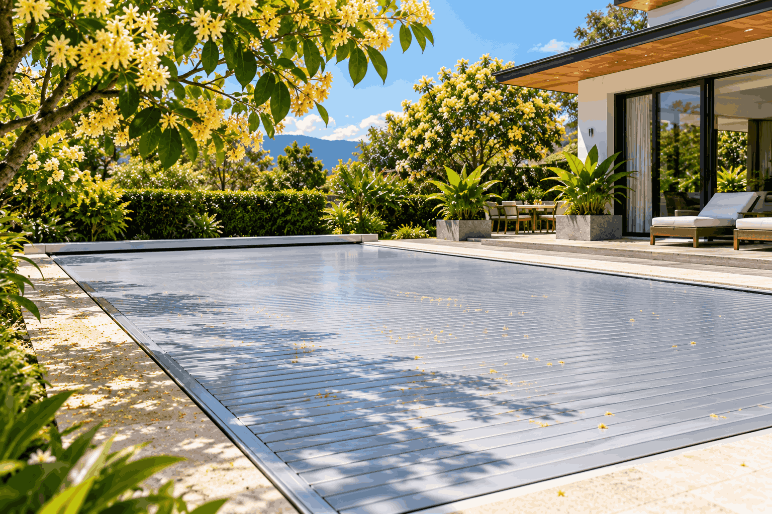 Bể villa được che bằng tấm phủ trong khu vườn có nhiều cây đang ra hoa