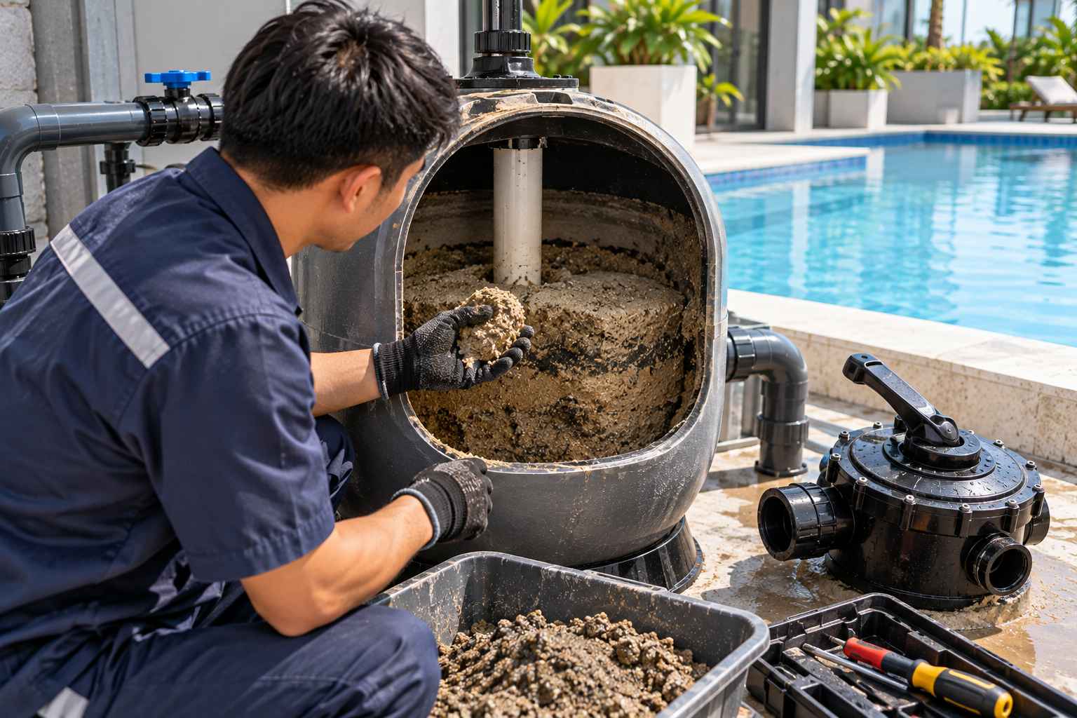 kỹ thuật viên kiểm tra cát sau khi backwash bình lọc bể bơi