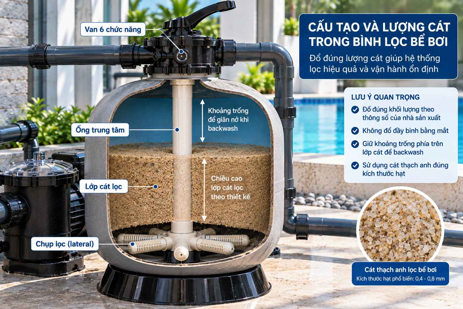 lượng cát bình lọc bể bơi theo đúng thông số kỹ thuật