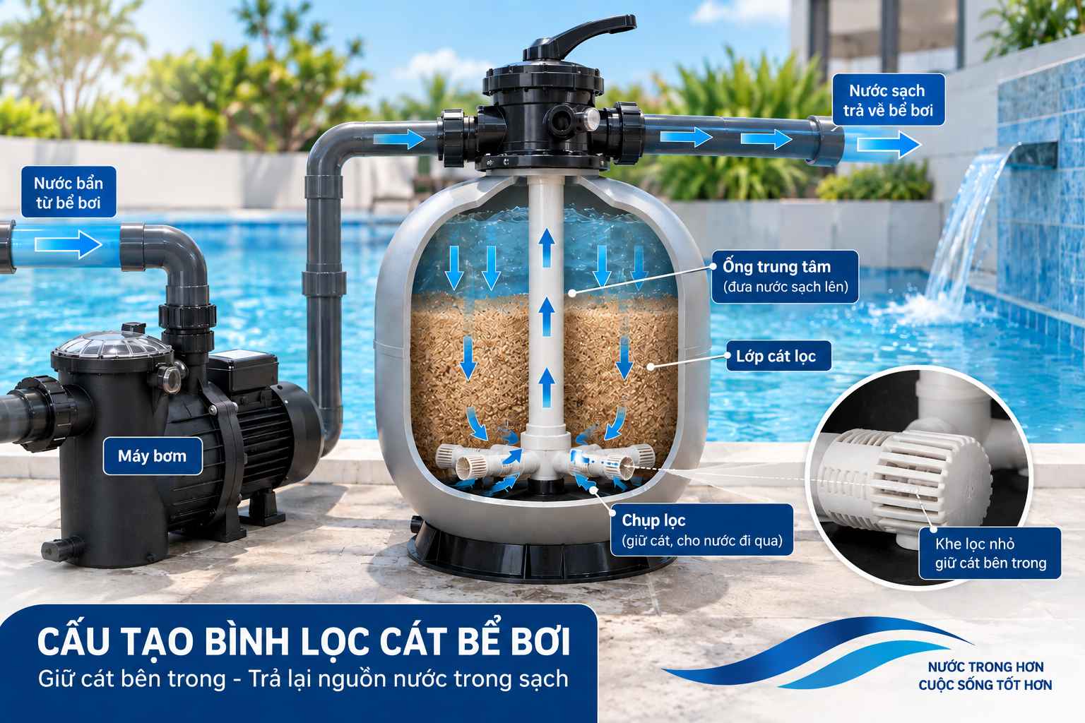cấu tạo bình lọc khi cát lọc tràn vào bể bơi