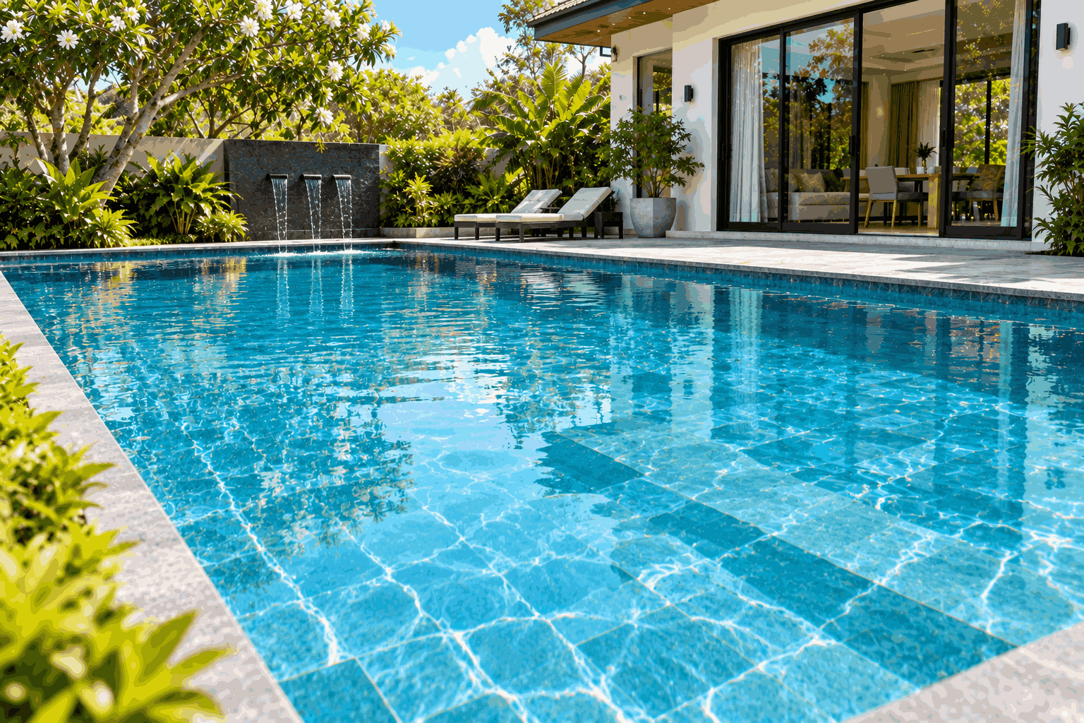 Bể villa sạch, nước trong và hệ thống đã hoạt động ổn định trở lại