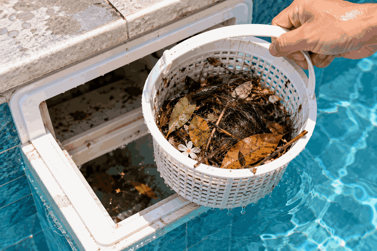 Giỏ skimmer chứa tóc, lá, côn trùng và chất bẩn sau khi nhiều người sử dụng bể