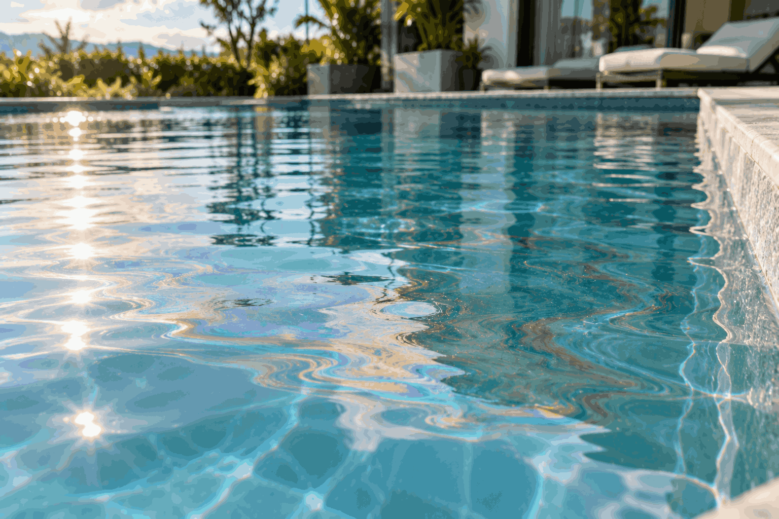 mặt nước bể villa xuất hiện một lớp màng dầu mỏng