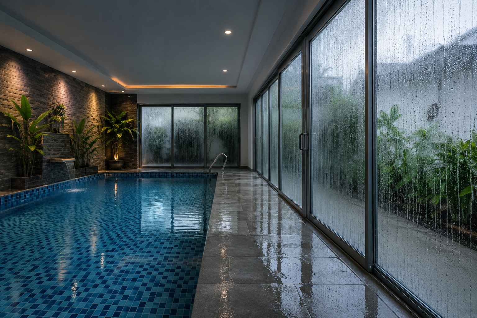nồm ẩm bể bơi trong nhà làm kính và sàn đọng nước