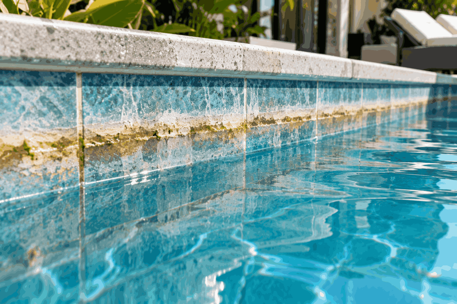 thành bể villa xuất hiện một đường cặn rõ chạy ngang theo mặt nước
