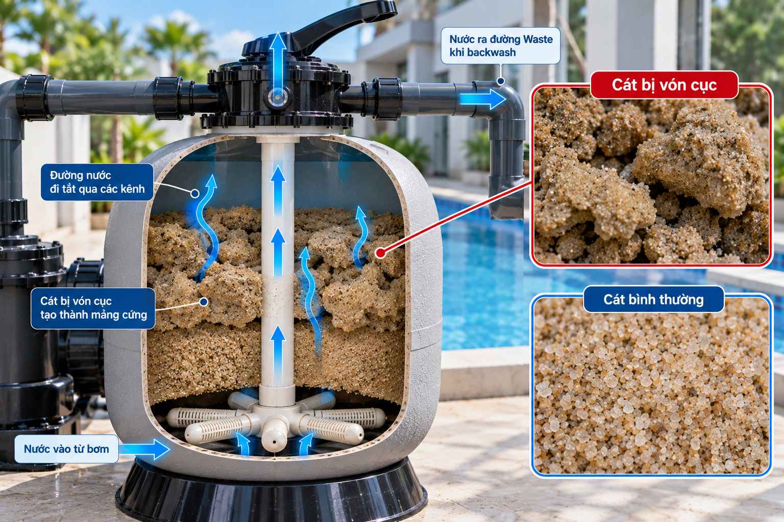 cát bình lọc bị vón cục và tạo kênh dòng chảy
