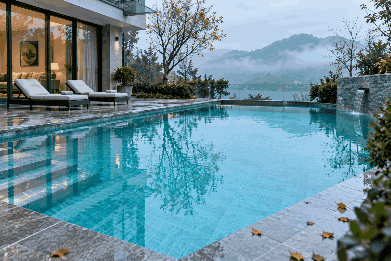 Bể villa ngoài trời vào ngày mùa lạnh, không có người sử dụng