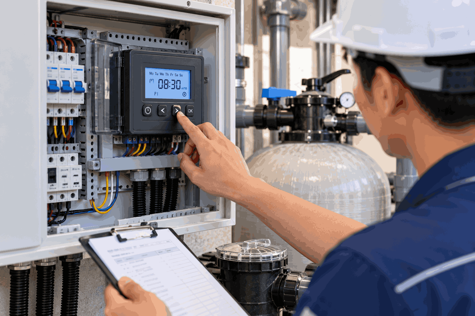 Cận cảnh timer hoặc bộ điều khiển được kiểm tra lại sau sự cố nguồn điện