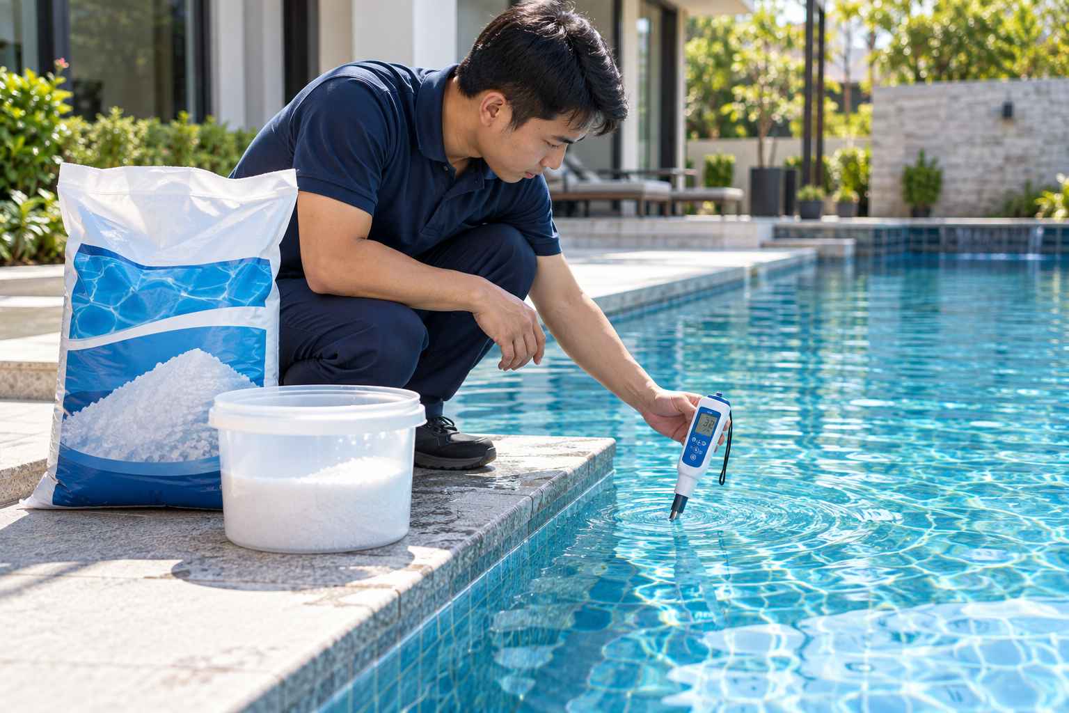 Kiểm tra nồng độ muối trước khi bổ sung muối cho bể bơi