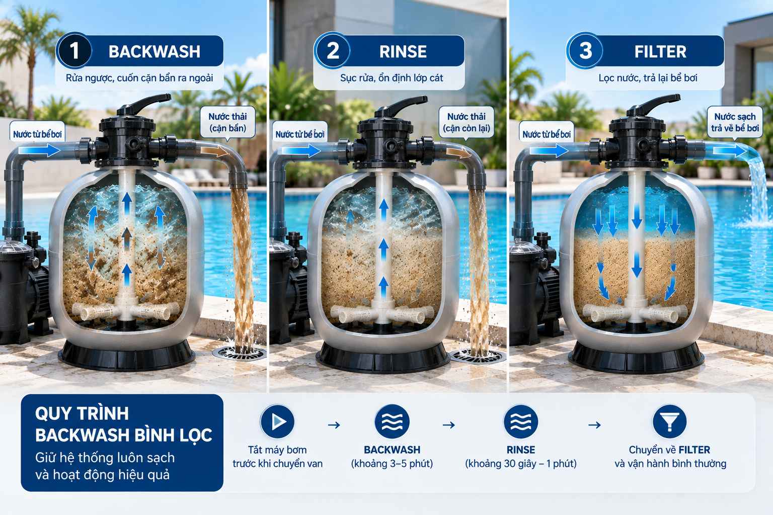 quy trình backwash bình lọc bể bơi đúng cách