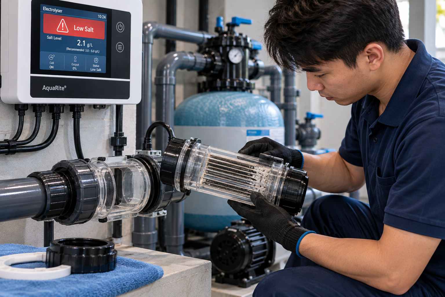 Kỹ thuật viên kiểm tra cell máy điện phân muối bể bơi