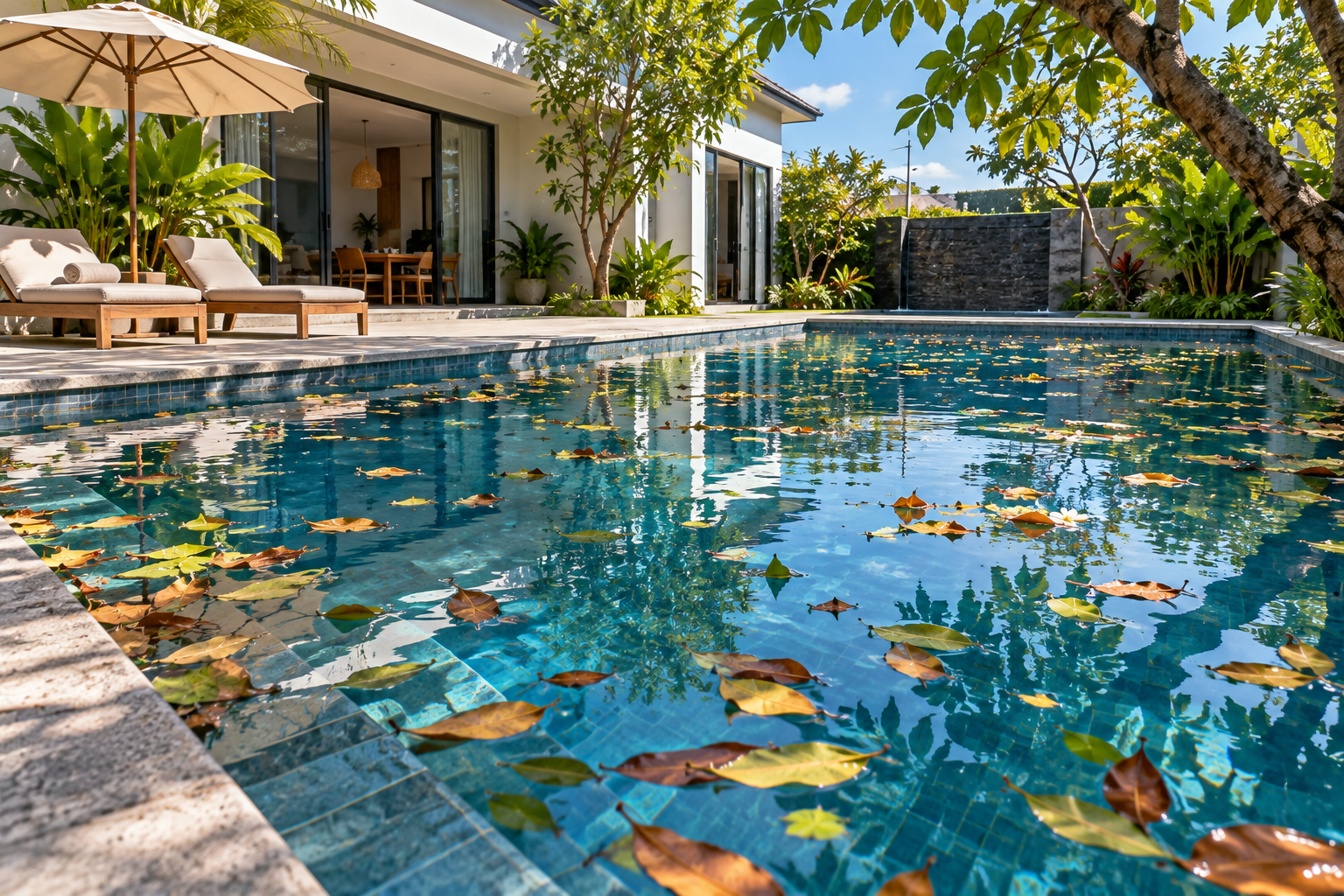 Bể villa ngoài trời có nhiều lá cây nổi trên mặt nước