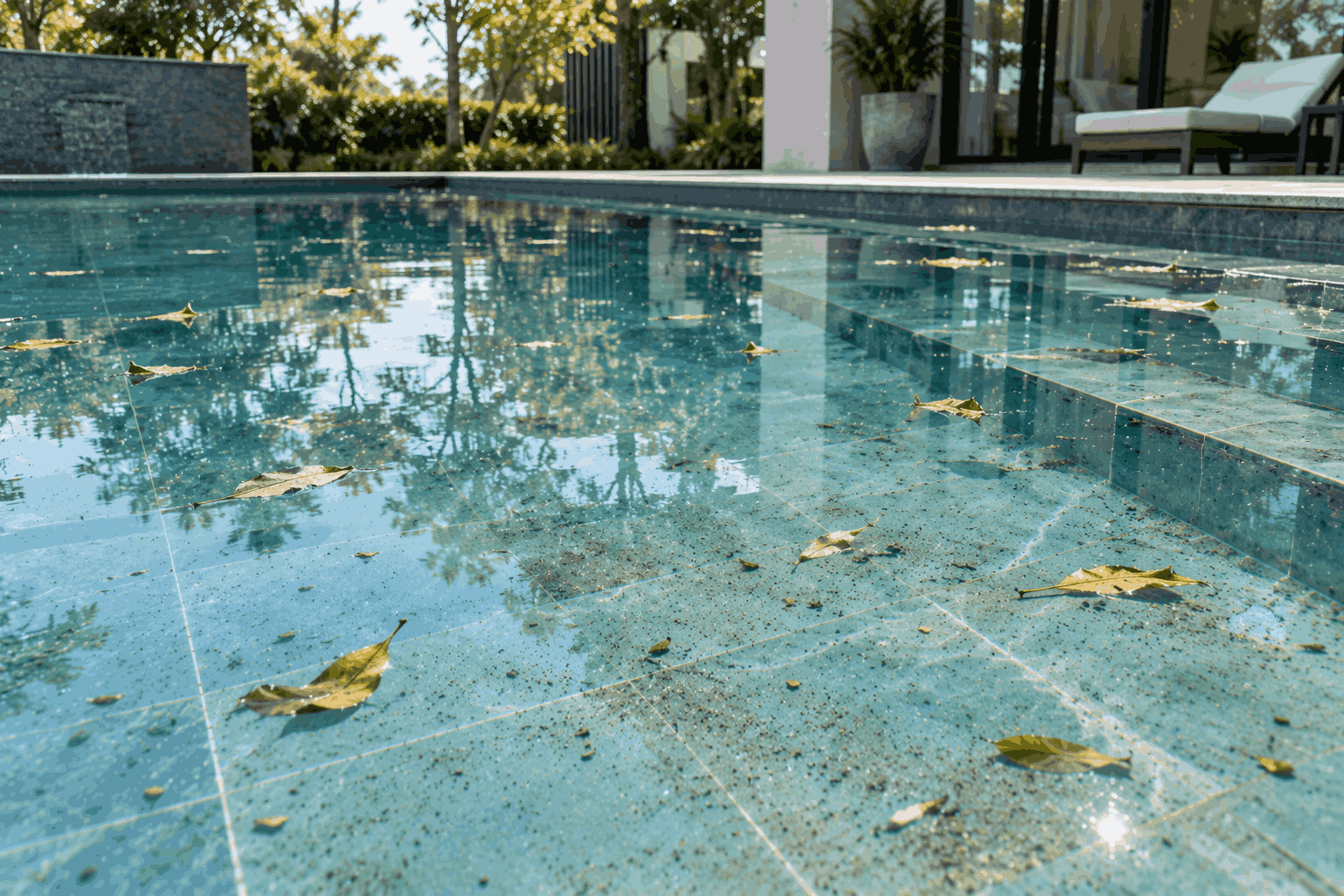 Lá và bụi nhỏ tích tụ trong bể villa không sử dụng thường xuyên