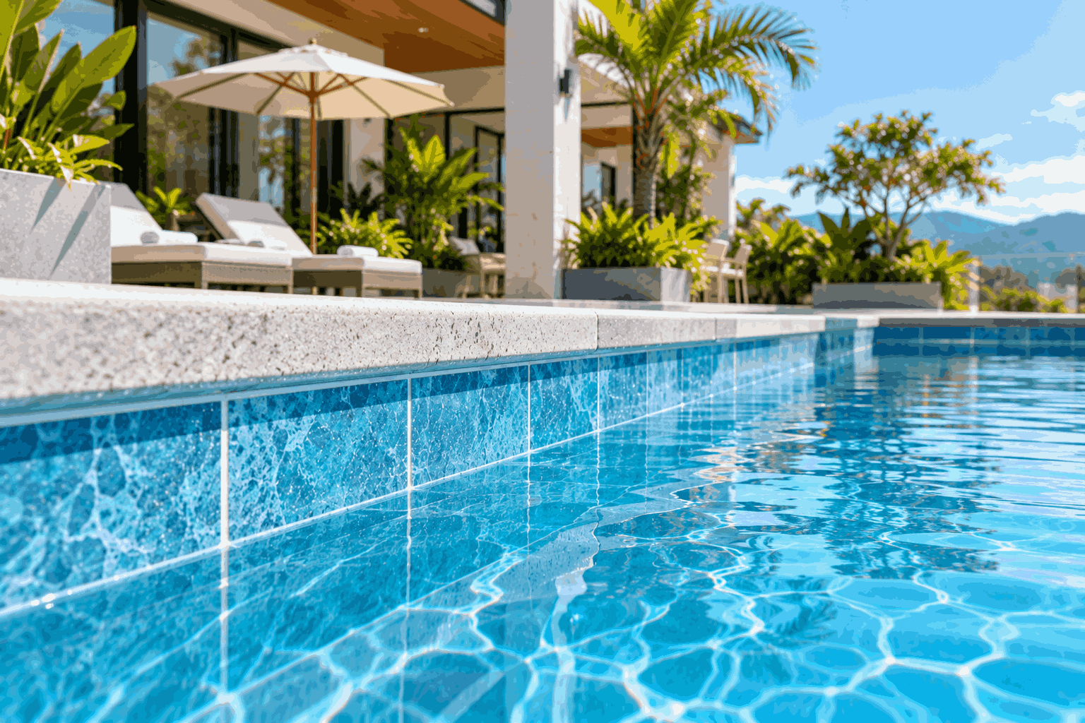 Bể villa hoàn thiện sạch đẹp, nước trong và sẵn sàng bàn giao