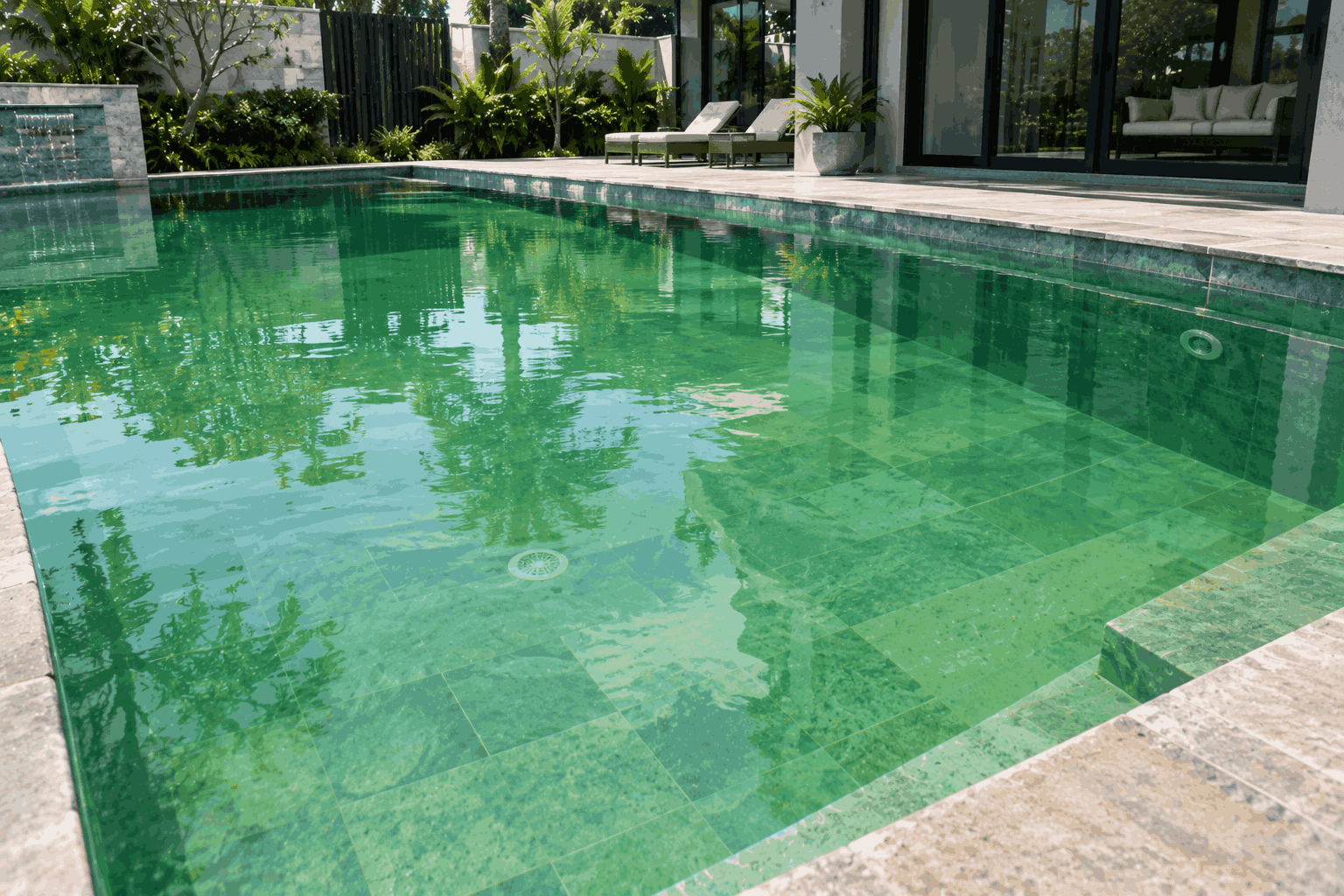 Bể villa có nước chuyển màu xanh bất thường