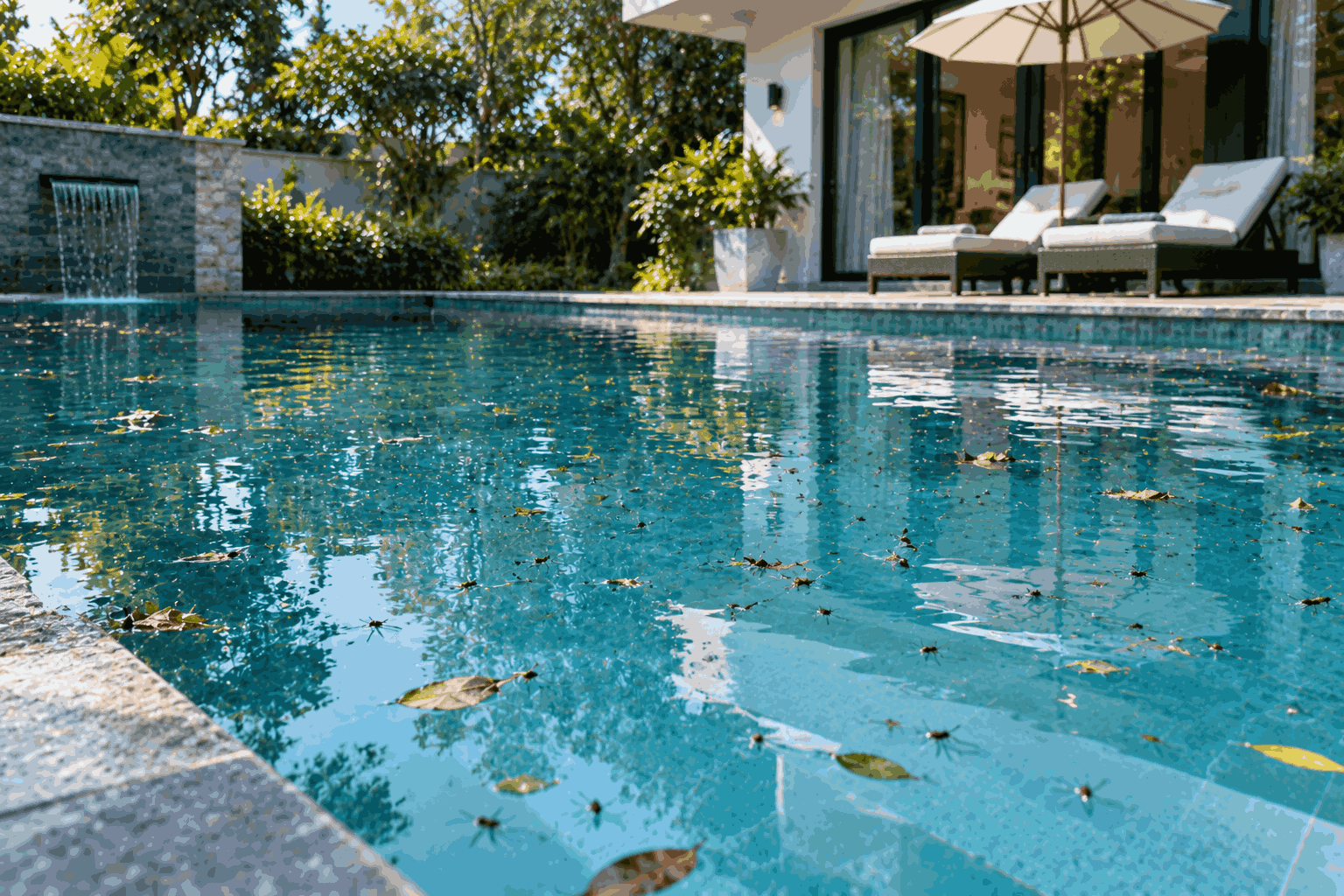 Bể villa ngoài trời có nhiều côn trùng nhỏ nổi rải rác trên mặt nước