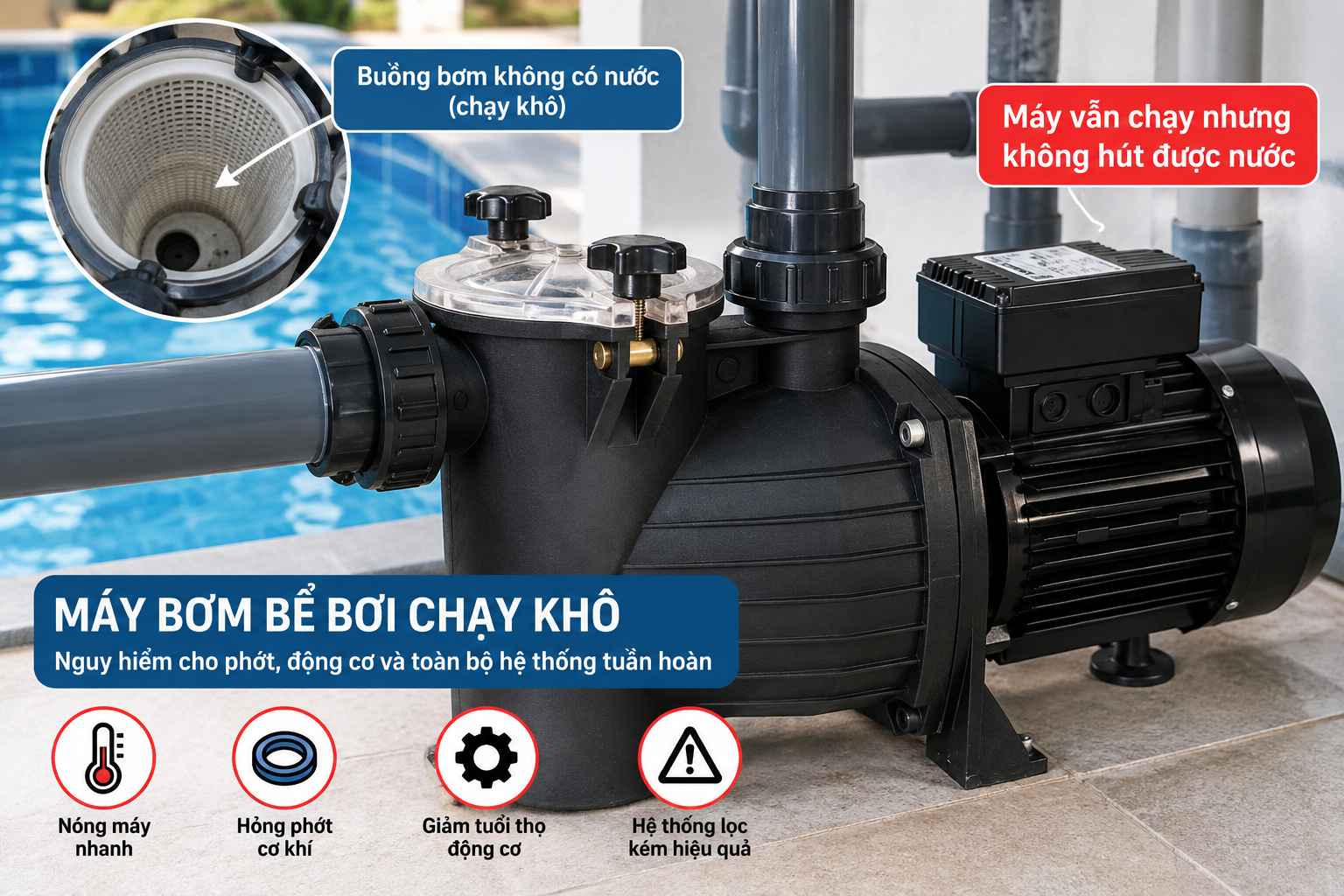 máy bơm bể bơi chạy khô do không có nước trong buồng bơm