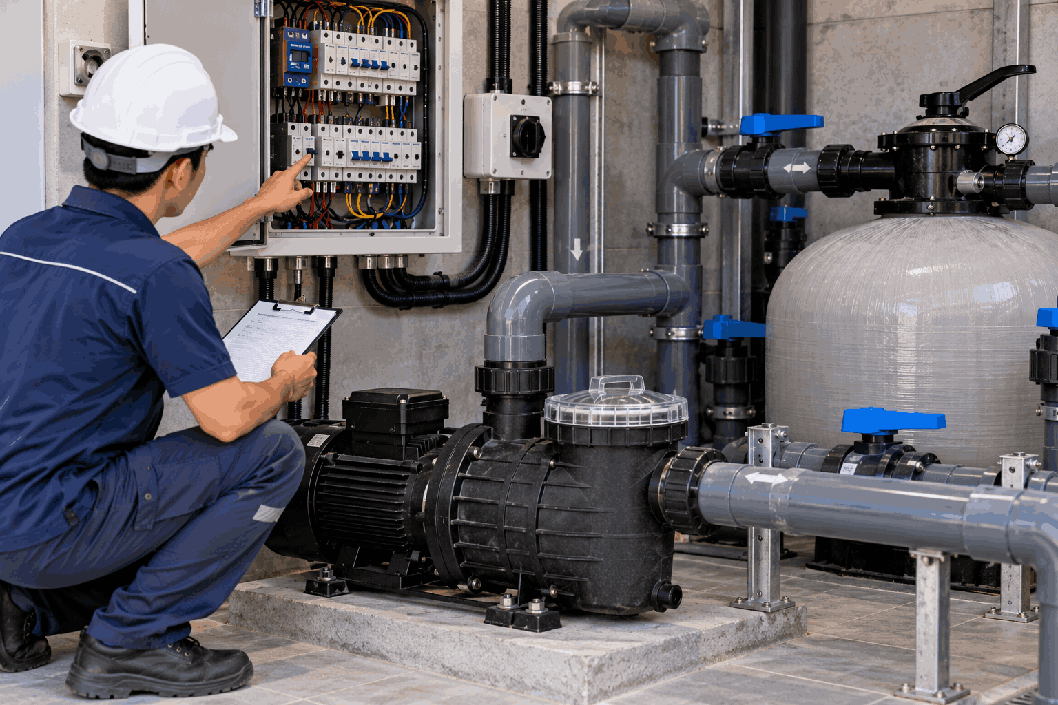 Kỹ thuật viên đứng tại phòng máy kiểm tra tủ điện và máy bơm trước khi khởi động