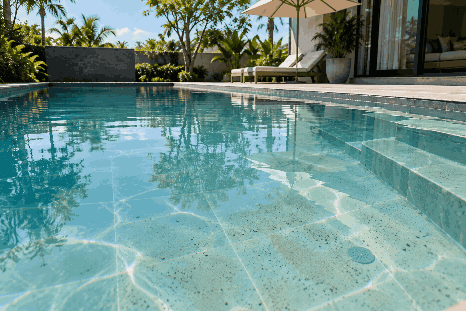 Bể villa ngoài trời có lớp bụi mịn lắng nhẹ dưới đáy