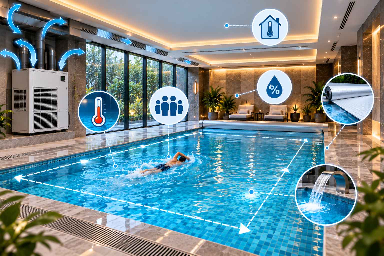 tính tải ẩm để chọn công suất máy hút ẩm bể bơi