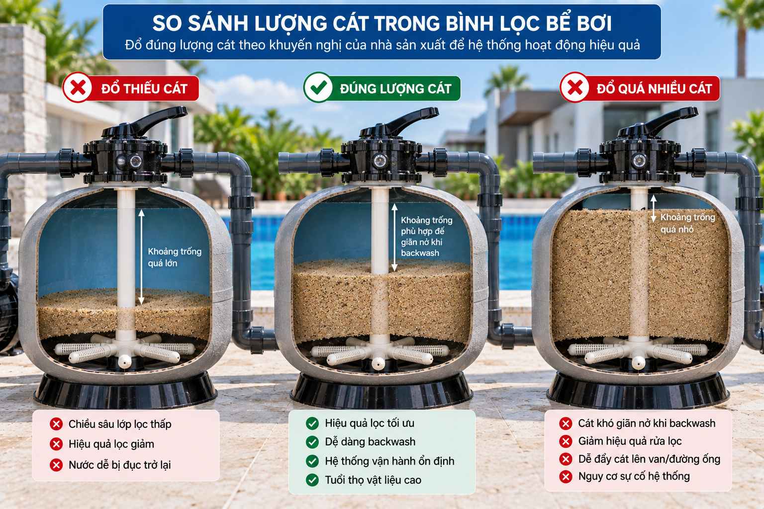 so sánh bình lọc đổ thiếu đủ và quá nhiều cát