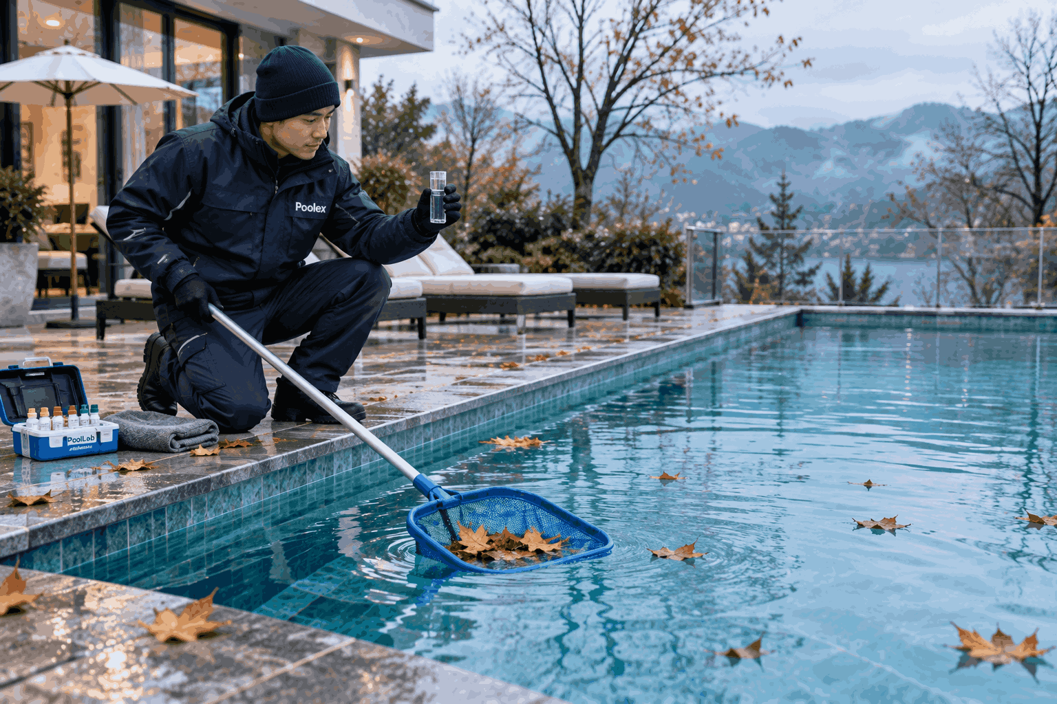 Kỹ thuật viên vớt lá và kiểm tra nước bể trong thời tiết lạnh