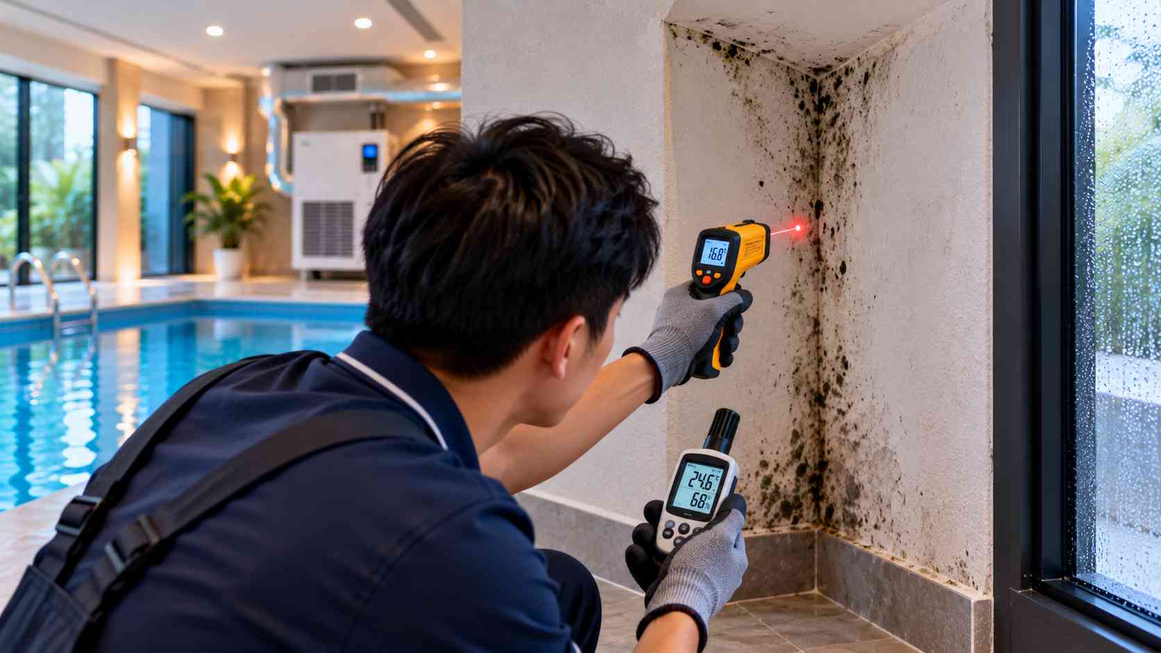 kiểm tra nhiệt độ góc phòng bể bơi bị mốc