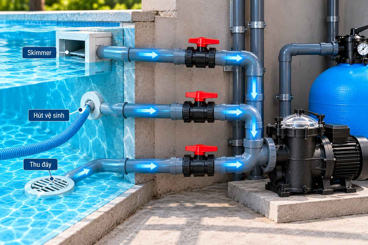 Van đường hút bể bơi cho skimmer và thu đáy