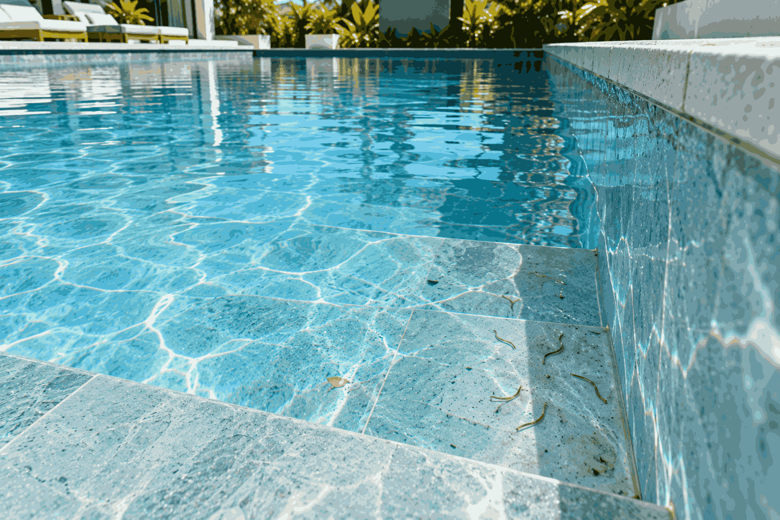 Bể villa ngoài trời có nước trong nhưng xuất hiện vài sinh vật nhỏ giống giun