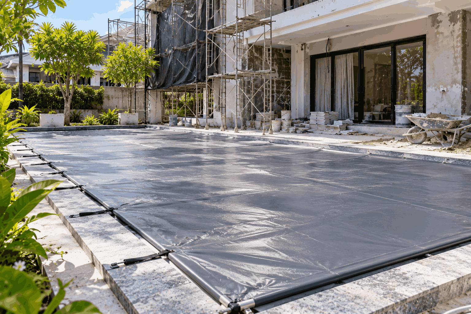 Bể villa được che phủ trong thời gian khu vực nhà đang sửa chữa