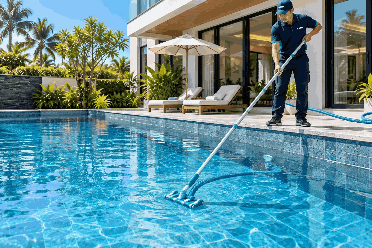 Kỹ thuật viên đứng trên thành bể sử dụng bàn hút đáy cán dài hút cặn nhỏ li ti
