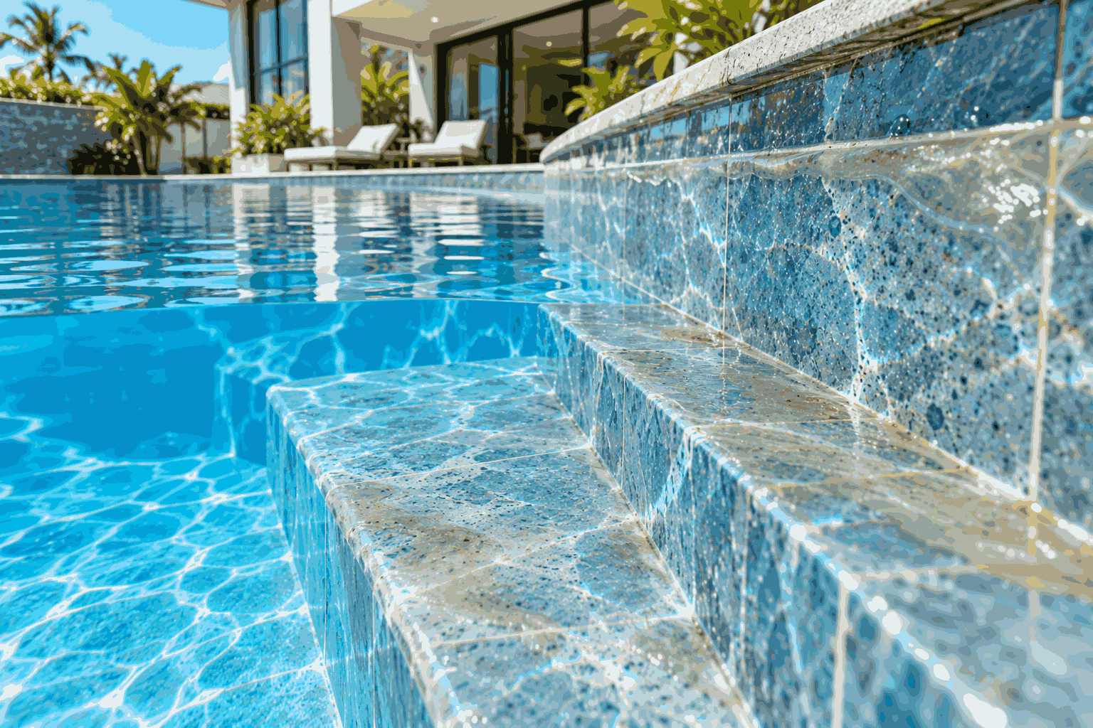 Bể villa có nước trong nhưng thành và bậc xuất hiện lớp màng trong suốt khó nhìn thấy