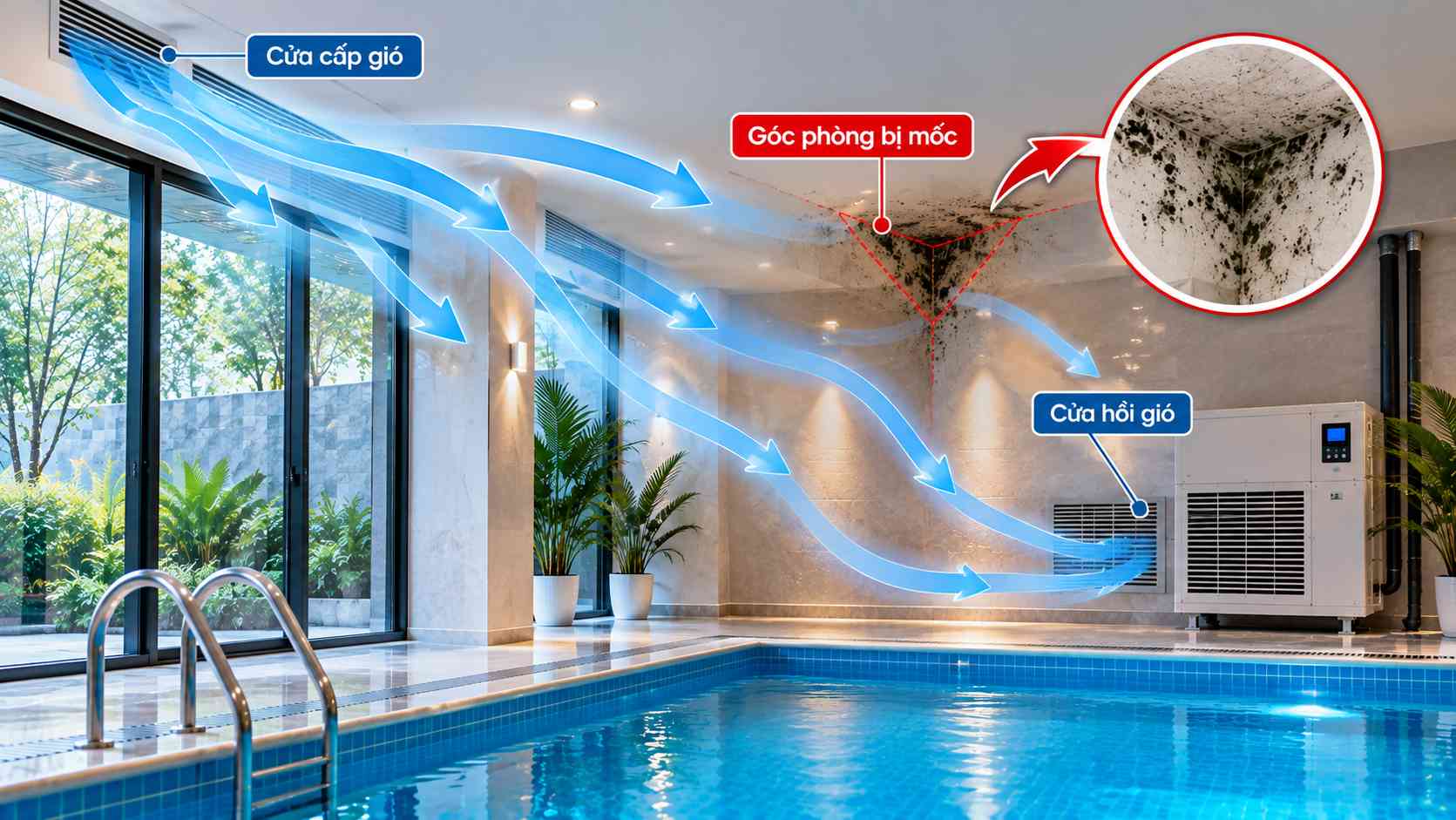 góc phòng bể bơi bị mốc do vùng khí tù