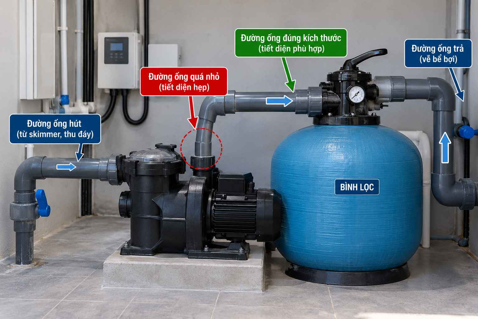 Đường ống bể bơi quá nhỏ trước máy bơm
