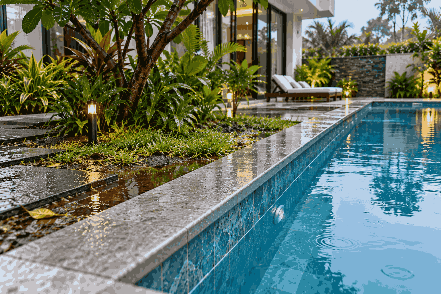Khu vực sân vườn ẩm sau mưa nằm sát thành bể villa