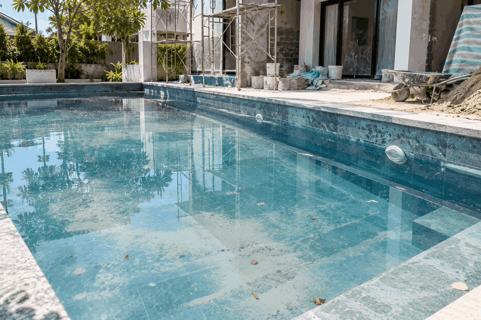 Bể villa nằm cạnh khu vực nhà đang sửa