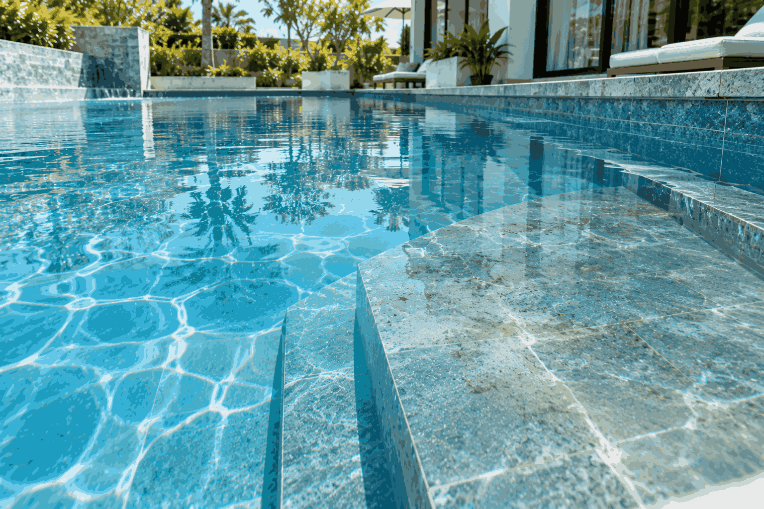 Bể villa có nước vẫn trong nhưng một phần đáy xuất hiện lớp màng trơn mỏng
