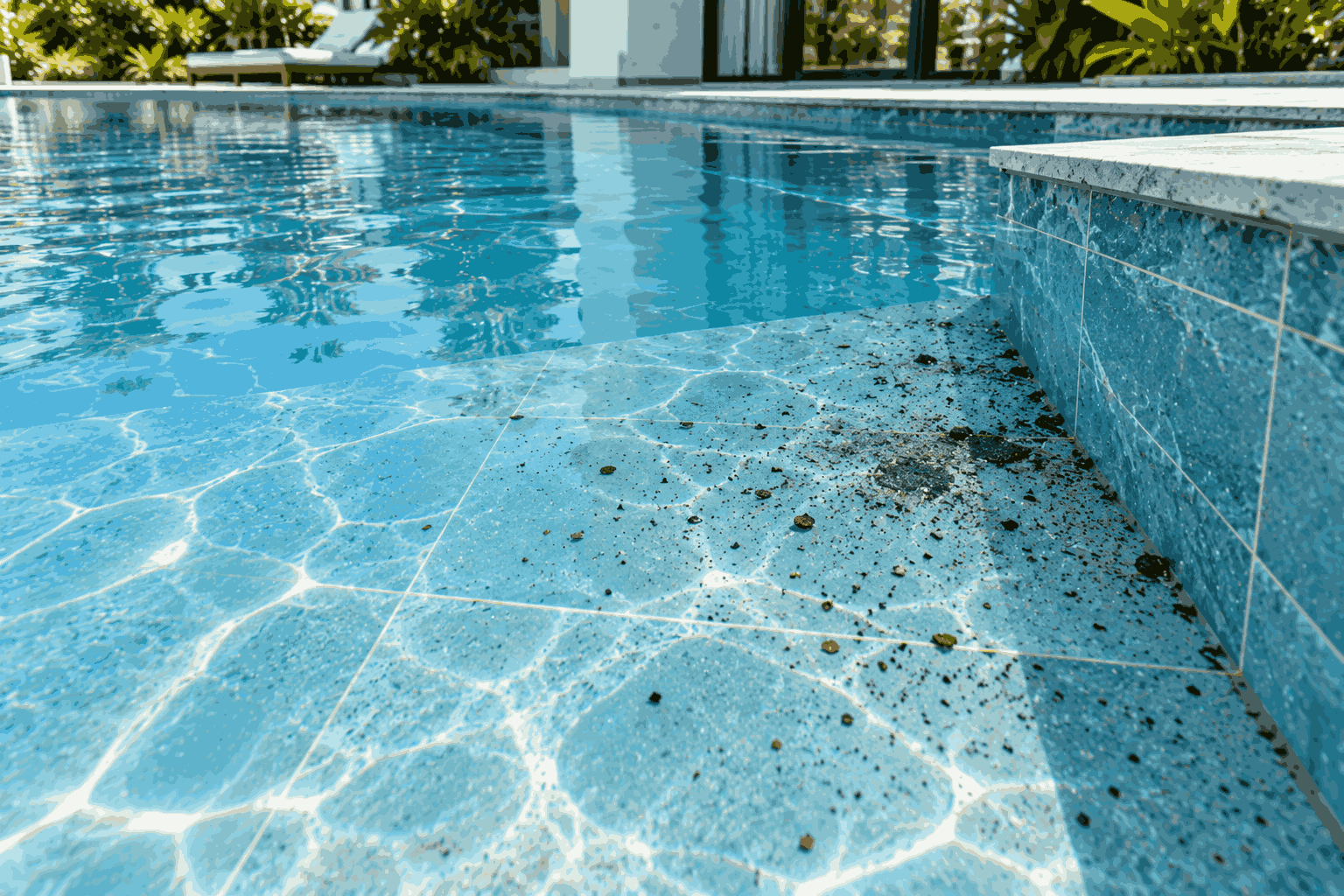 Bể villa có nước trong nhưng xuất hiện các hạt cặn màu đen tập trung tại một góc đáy