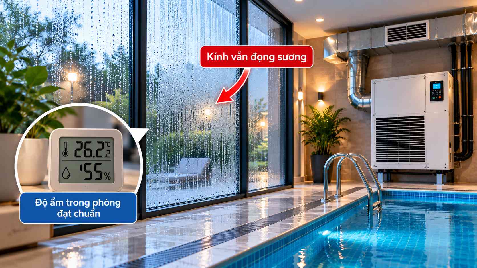 kính bể bơi vẫn đọng sương dù độ ẩm đạt chuẩn