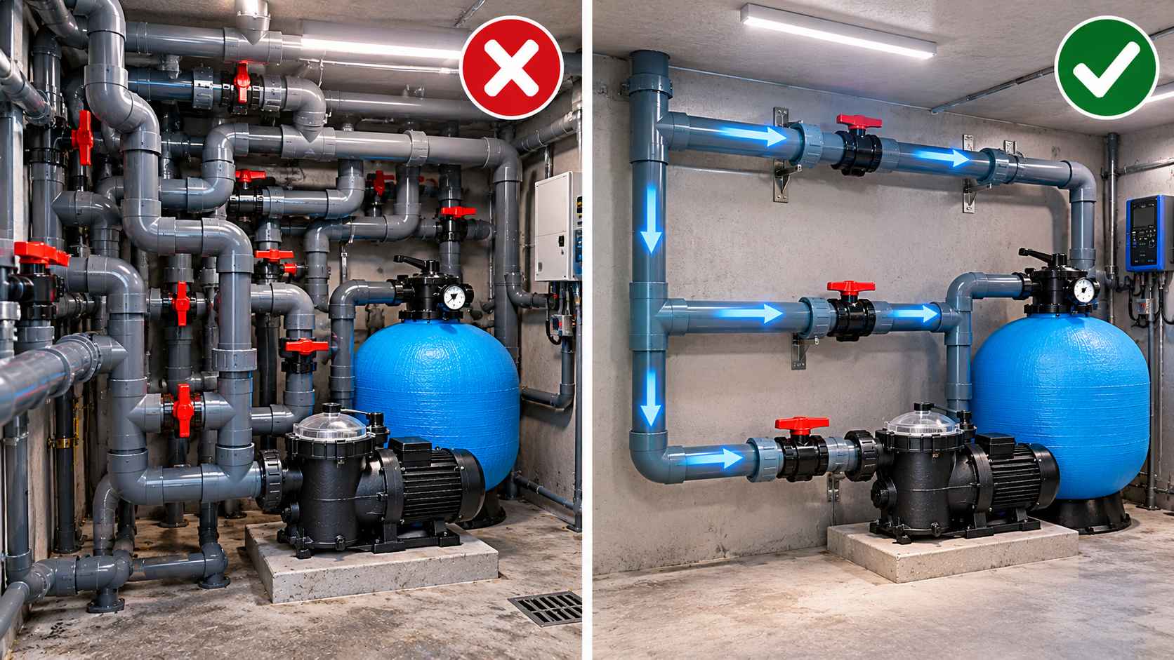 Giảm tổn thất đường ống bể bơi trong phòng máy