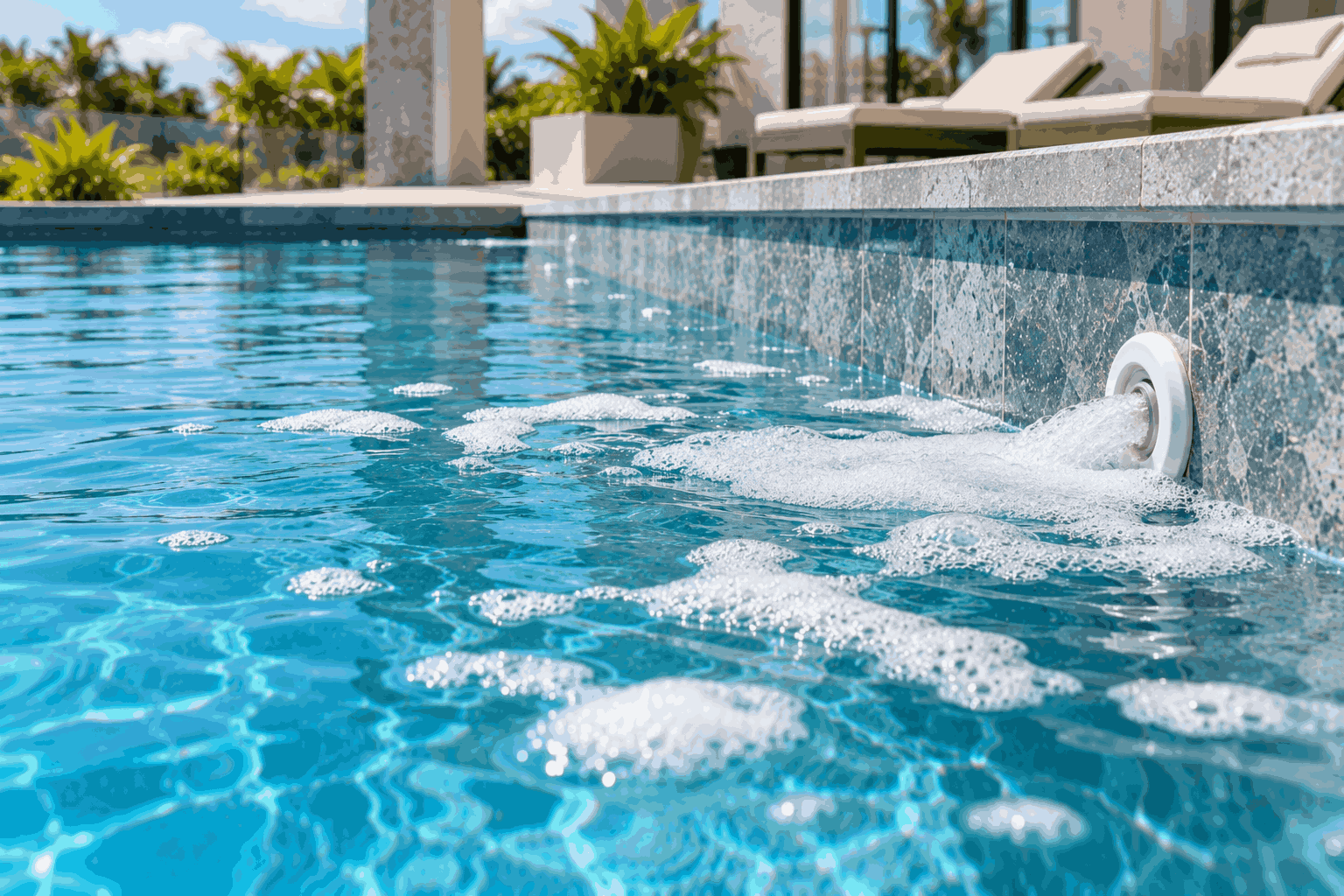 Bể villa có những mảng bọt trắng nhỏ nổi trên mặt nước