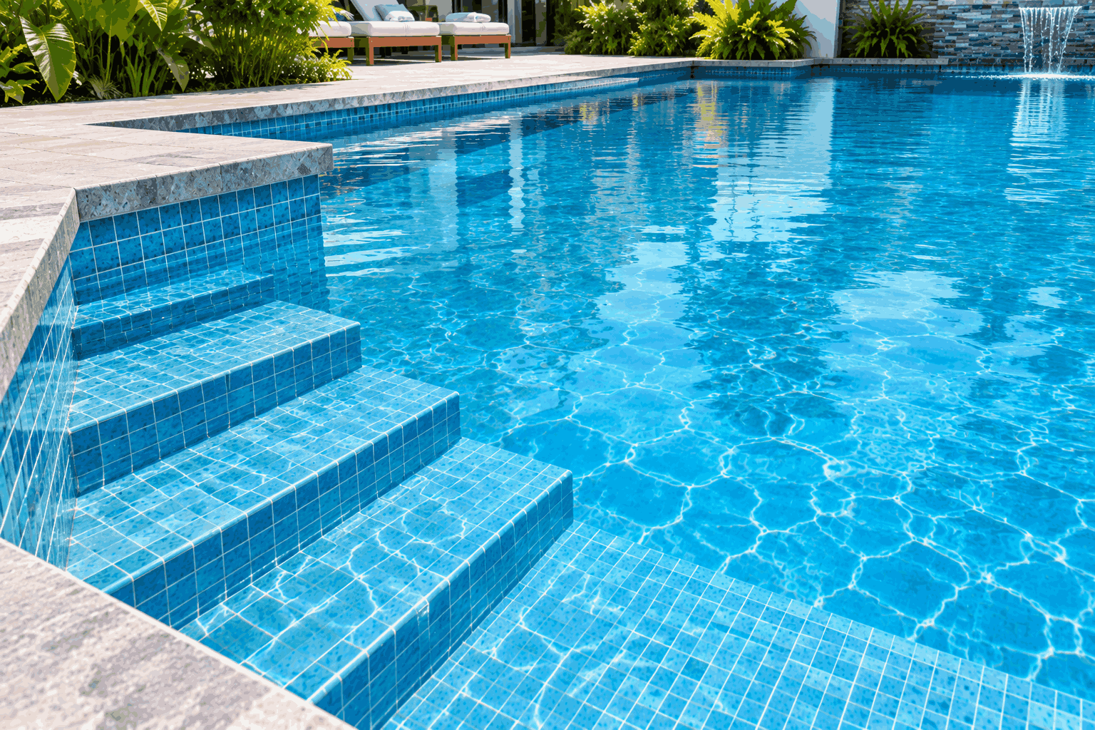 Bể villa sau xử lý có nước trong, bậc thang và đáy sạch