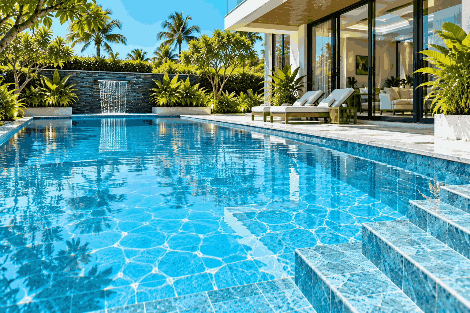 Bể villa sau vệ sinh, nước trong xanh và đáy sạch