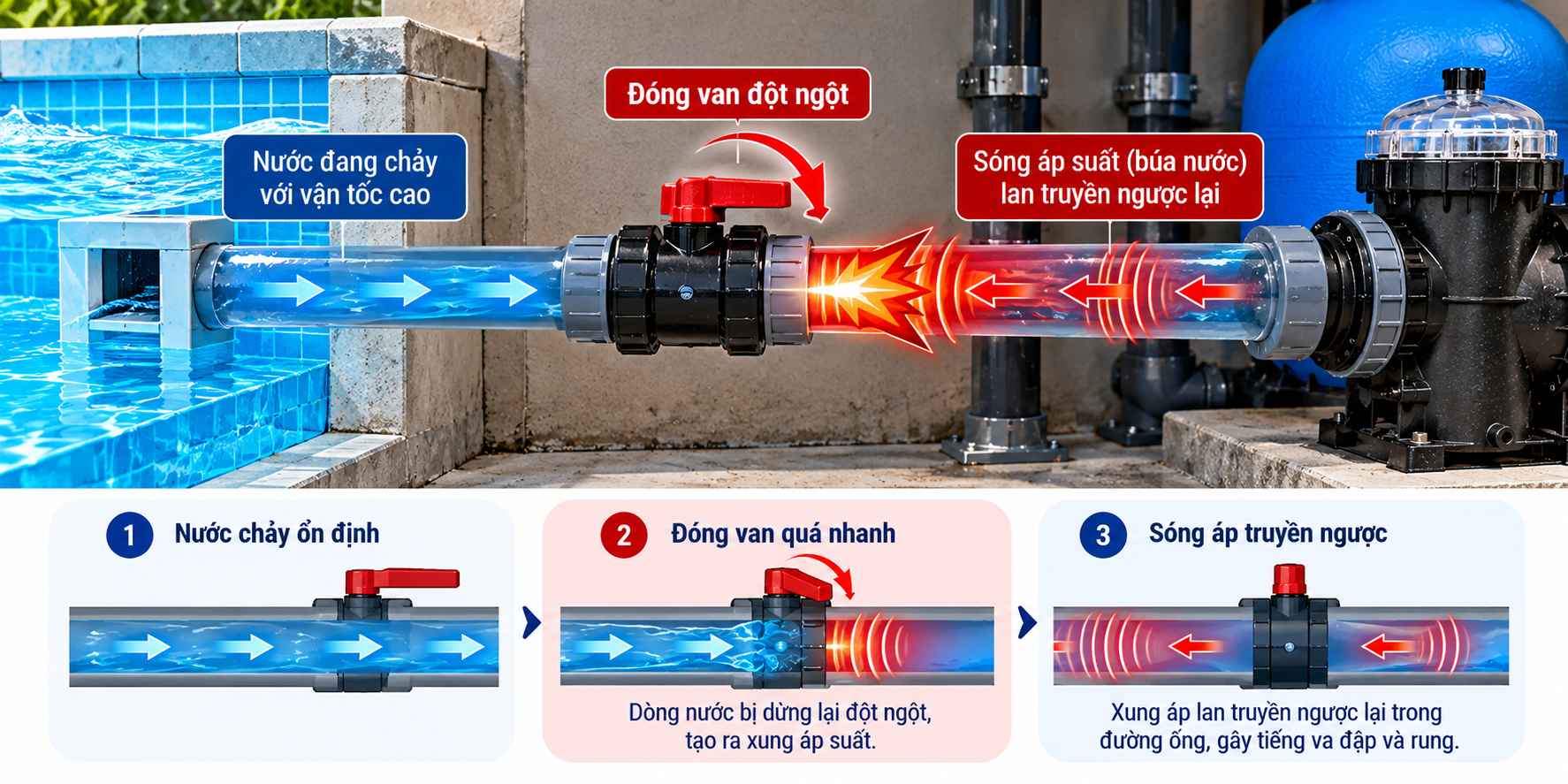 Búa nước bể bơi hình thành khi van đóng nhanh
