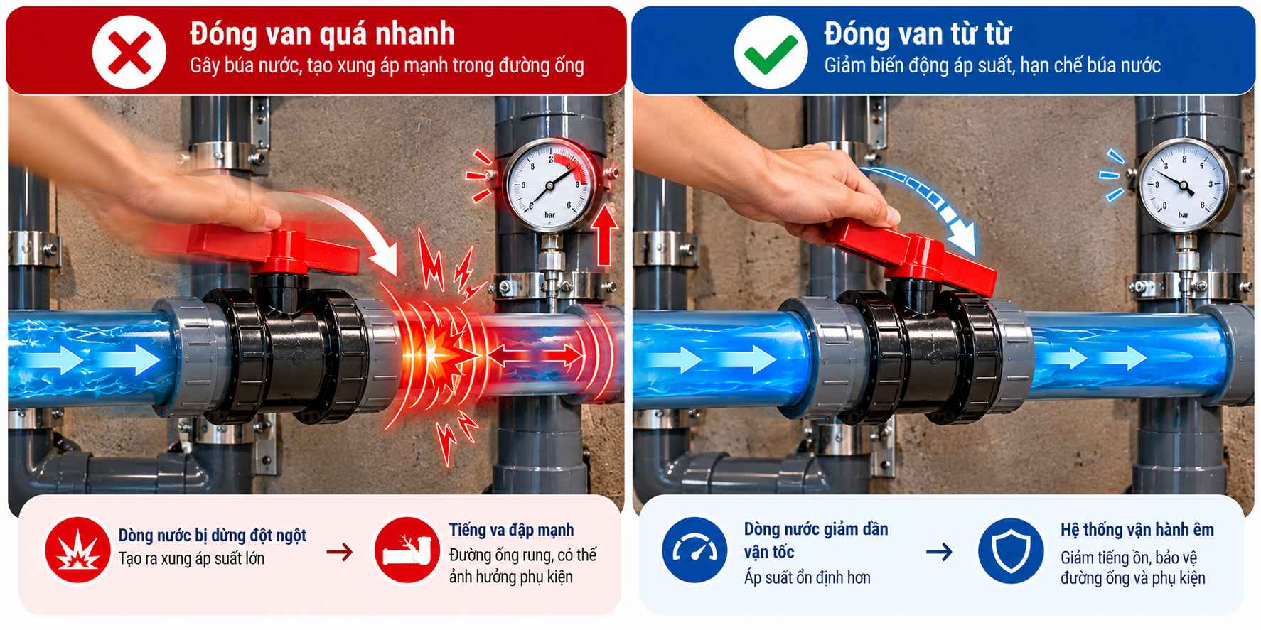 Cách hạn chế búa nước bể bơi bằng đóng van từ từ