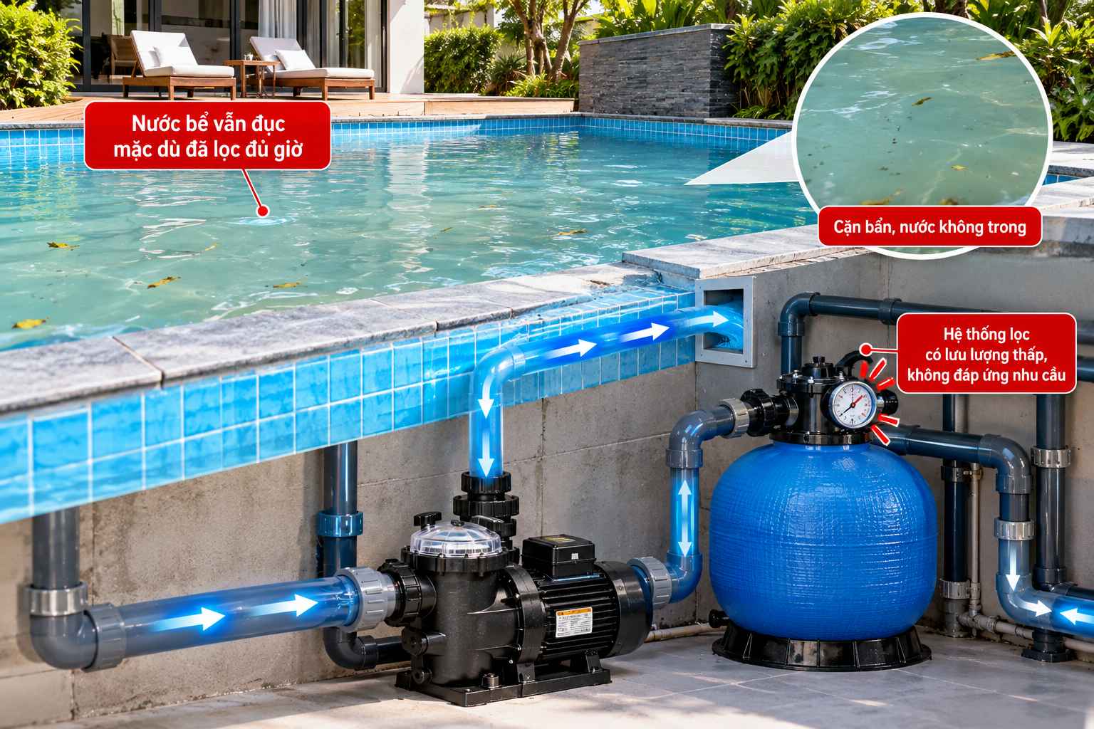 Công suất hệ thống lọc bể bơi quá nhỏ khiến nước đục