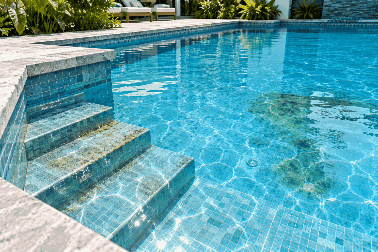 Bể villa ngoài trời có nước trong xanh nhưng bậc thang và một góc đáy xuất hiện lớp màng trơn mỏng